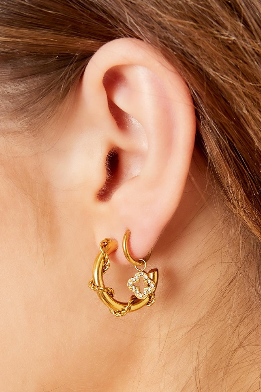 Earrings clover with zircon stones Gold Color Stainless Steel Picture3